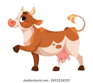 Funny Cow Character with Udder and Horns Walking Vector Illustration