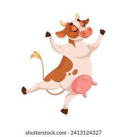 Funny Cow Character with Udder and Horns Dancing Vector Illustration