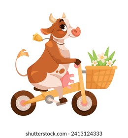 Funny Cow Character with Udder and Horns Ride Bicycle Vector Illustration