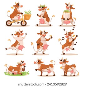 Funny Cow Character with Udder and Horns in Different Activity Vector Illustration Set