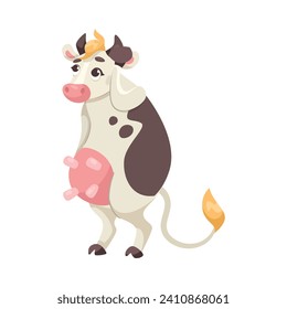 Funny Cow Character with Udder and Spotted Body Stand and Think Vector Illustration