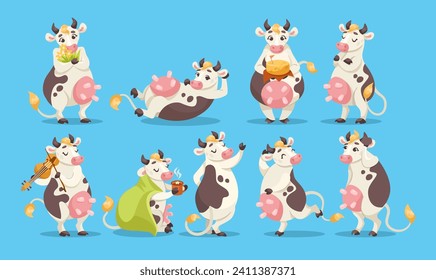 Funny Cow Character with Udder and Spotted Body Vector Set