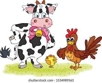 Funny cow and chicken with little yellow chick