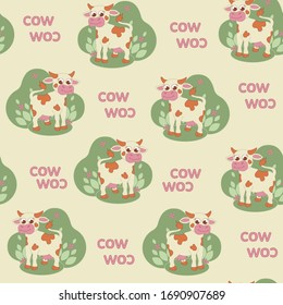 Funny cow children's pattern with leaves and flowers