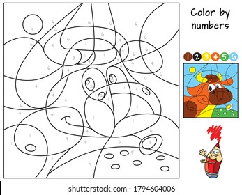 Funny cow. Color by numbers. Coloring book. Educational puzzle game for children. Cartoon vector illustration