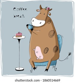 funny cow with cup of hot drink has a coffee break, vector cute character illustration