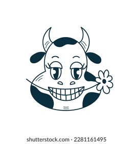 Funny cow with daisy doodle. Retro cartoon style cow character with flower in in the teeth. Smiling cow head, face portrait