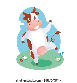 A funny cow dances, waving its tail and smiles on the lawn. Vector illustration for packaging, advertising, character design, postcard, poster.