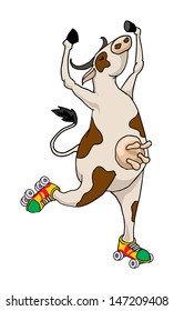 Funny cow dancing with roller skates vector illustration