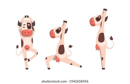 Funny Cow Doing Yoga Set, Cute Cheerful Farm Animal Character Practising Various Yoga Poses Cartoon Vector Illustration