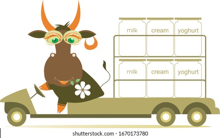 Funny cow drives a truck with dairy products illustration. Cartoon comic cow with a flower in its mouth drives a truck with milk, cream and yogurt isolated on white
