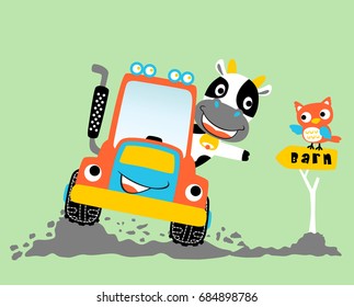 Funny cow driving tractor in farmyard with funny owl, vector cartoon illustration