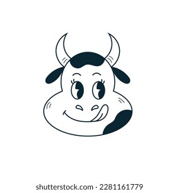 Funny cow face doodle. Hand drawn cute caw character head with tongue and spots. Cow smiling and licking. Isolated vector illustration for dairy product design