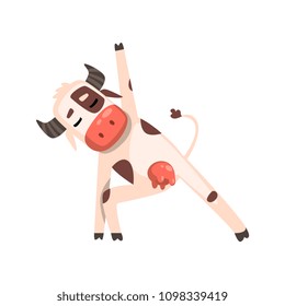 Funny cow farm animal cartoon character doing sports vector Illustration on a white background