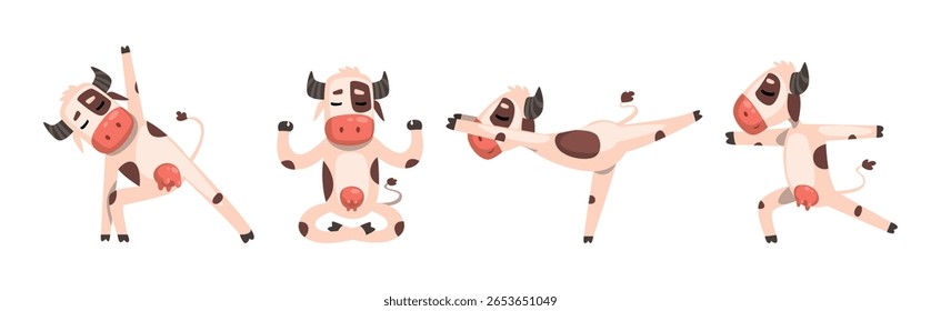 Funny Cow Farm Animal Enjoy Yoga Pose Vector Set