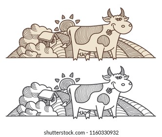 Funny cow, farm and rural landscape. Black and white vector illustration.