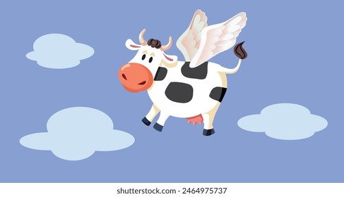 
Funny Cow Flying in the Sky Vector Cartoon Illustration. Fantastic domestic animal having wings in surreal concept illustration
