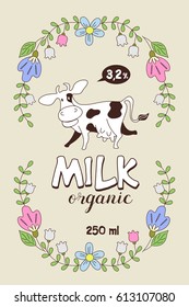 Funny cow in a frame of wild flowers. Vector illustration.