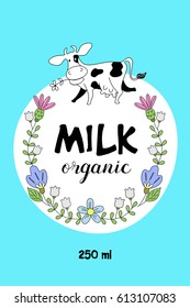 Funny cow in a frame of wild flowers. Organic dairy products. Vector illustration.