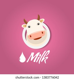 Funny cow head in a circle shape for your logo design. Cartoon style vector illustration.
