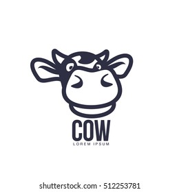 Funny cow head logo template, cartoon vector illustration on white background. Cute, smiling, funny front view cow head for dairy, beef, farm products logo design