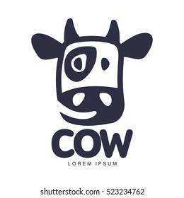 Funny cow head logo template, cartoon vector illustration on white background. Cute, smiling, funny front view cow head for dairy, beef, farm products logo design