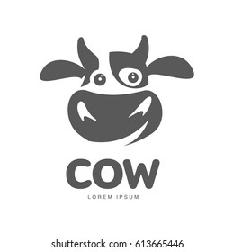 Funny cow head logo template. Funny, smiling, sad cow face for dairy products, beef, logo design of agricultural products. Cartoon vector illustration on white background.