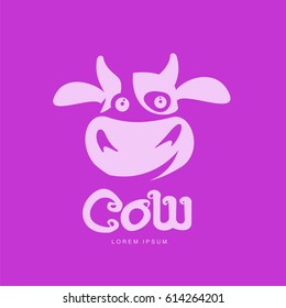 Funny cow head logo template. Funny, smiling, sad cow face for dairy products, beef, logo design of agricultural products. Cartoon vector illustration on color background.