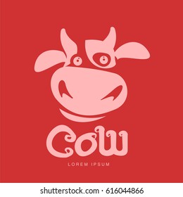 Funny cow head logo template. Funny, smiling, sad cow face for dairy products, beef, logo design of agricultural products. Cartoon vector illustration on color background.