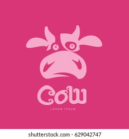 Funny cow head logo template. Funny, smiling, sad cow face for dairy products, beef, logo design of agricultural products. Cartoon vector illustration on color background.