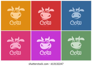 Funny cow head set logo template. Funny, smiling, sad cow face for dairy products, beef, logo design of agricultural products. Cartoon vector illustration on color background.