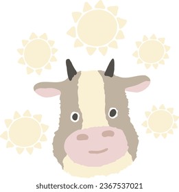 Funny cow head, vector cartoon illustration on a white background. Cute, smiling, funny cow head, front view for design of products, clothing, fabric, children's things