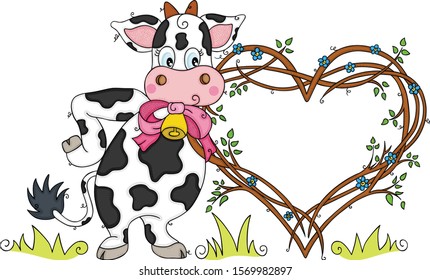 Funny cow with heart frame of tree branches