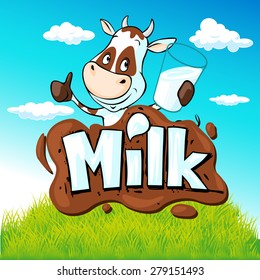 funny cow hold glass of milk behind milk text on natural background
