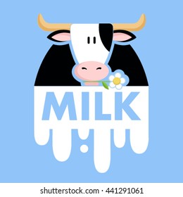 Funny cow holding a daisy flower in his mouth. Vector illustration.