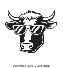 funny cow logo face draw, cow icon with sanglasses head, black and white cow logo Vector, illustration