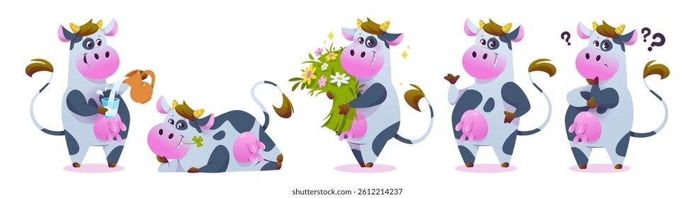 Funny cow mascot collection - spotted dairy character pouring milk into glass, relaxing with clover, holding flower bouquet, standing smiling and showing confused expression. Cute cartoon farm animal