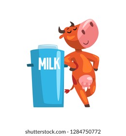 Funny cow with milk can, farm animal cartoon character, design element can be used for advertising, milk package, baby food vector Illustration