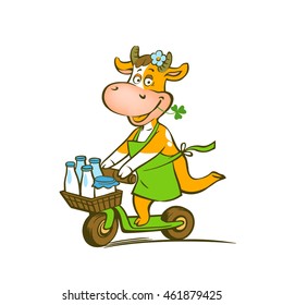 Funny cow on skateboard. Delivery fresh milk. Vector drawing