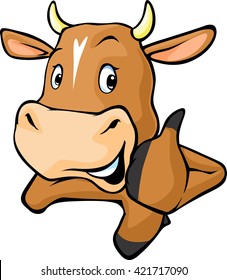 Funny cow peeks out from behind a white surface - vector cartoon illustration.
Cow showing thumbs up.