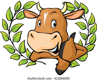 Funny cow peeks out from behind a white surface - vector cartoon illustration.
