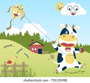 Funny cow playing kite on farmyard background, Vector cartoon illustration