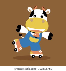 Funny cow playing roller skate, vector cartoon illustration