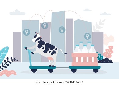 Funny cow rides on cart and delivers dairy products to consumers. Eco-friendly, organic products from the farm. Box with bottled milk. Cute farm animal. City view on background. vector illustration