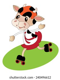 Funny cow roller-skating on the green meadow