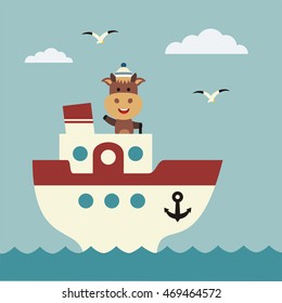Funny cow sailor on bridge of ship. Icon sea travel.