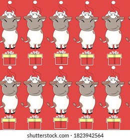 Funny cow in santa claus hat and presents seamless pattern. Symbol 2021