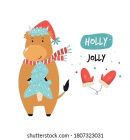 Funny cow in a scarf and hat holding fur tree. Merry Christmas illustration, poster with cute animal and greeting text