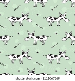 Funny Cow Seamless Pattern. Background for Kids with Hand drawn Doodle Cute Cows and flowers. Cartoon Farm Animals Vector illustration in Scandinavian style