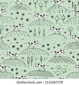Funny Cow Seamless Pattern. Background for Kids with Hand drawn Doodle Cute Cows on the meadow. Cartoon Farm Animals Vector illustration in Scandinavian style